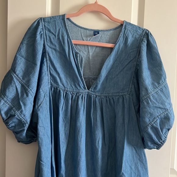 Old navy puff sleeve tie neck chambray all day mini swing dress - Picture 4 of 4